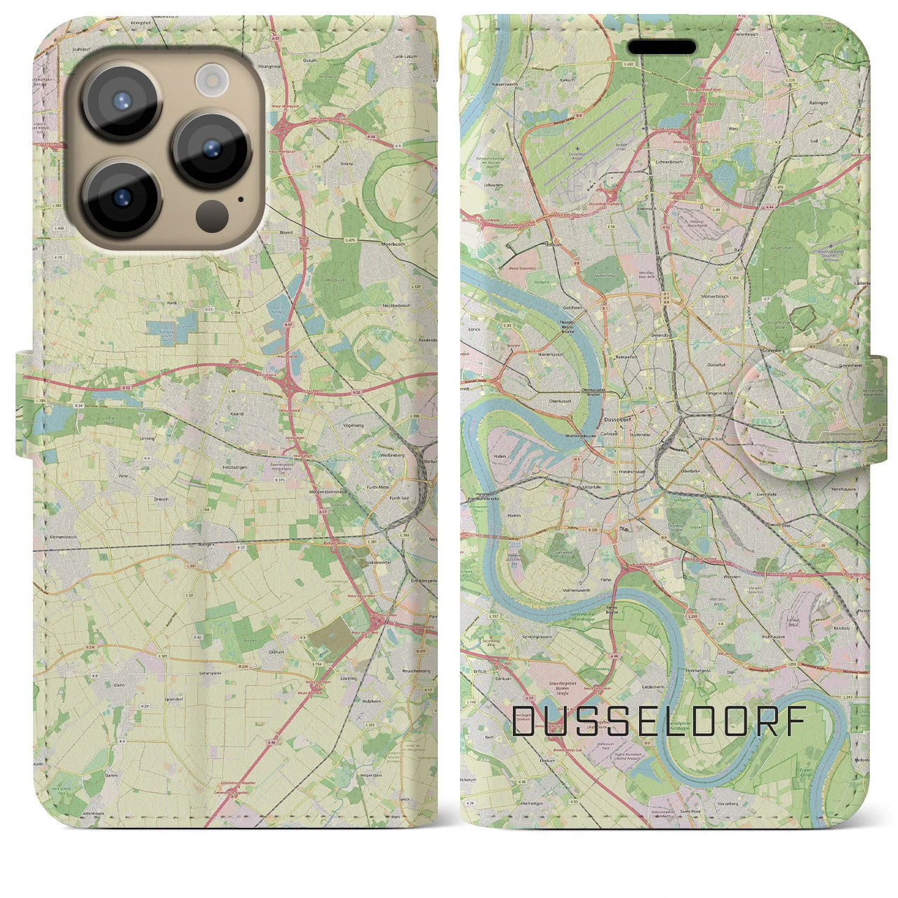 【デュッセルドルフ】地図柄iPhoneケース（手帳両面タイプ・ナチュラル）iPhone 14 Pro Max 用
