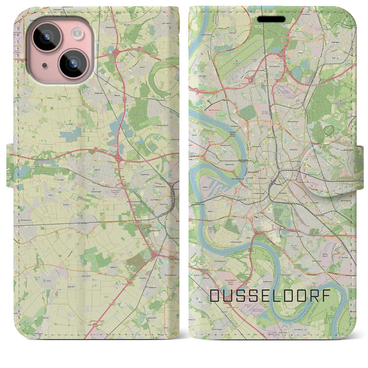 【デュッセルドルフ】地図柄iPhoneケース（手帳両面タイプ・ナチュラル）iPhone 15 Plus 用