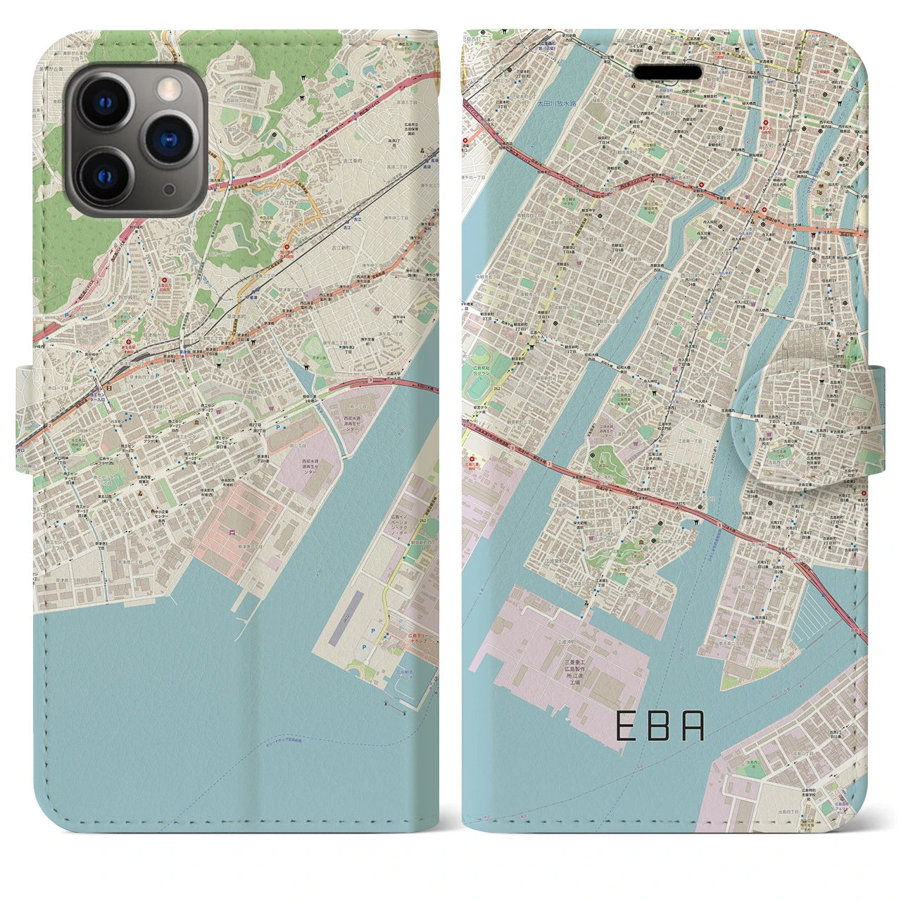 【江波】地図柄iPhoneケース（手帳両面タイプ・ナチュラル）iPhone 11 Pro Max 用