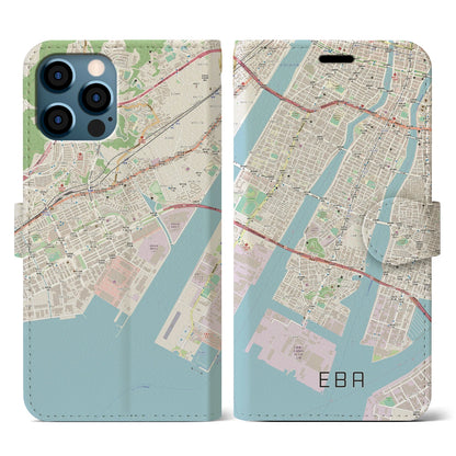 【江波（広島県）】地図柄iPhoneケース（手帳タイプ）ナチュラル・iPhone 12 / 12 Pro 用