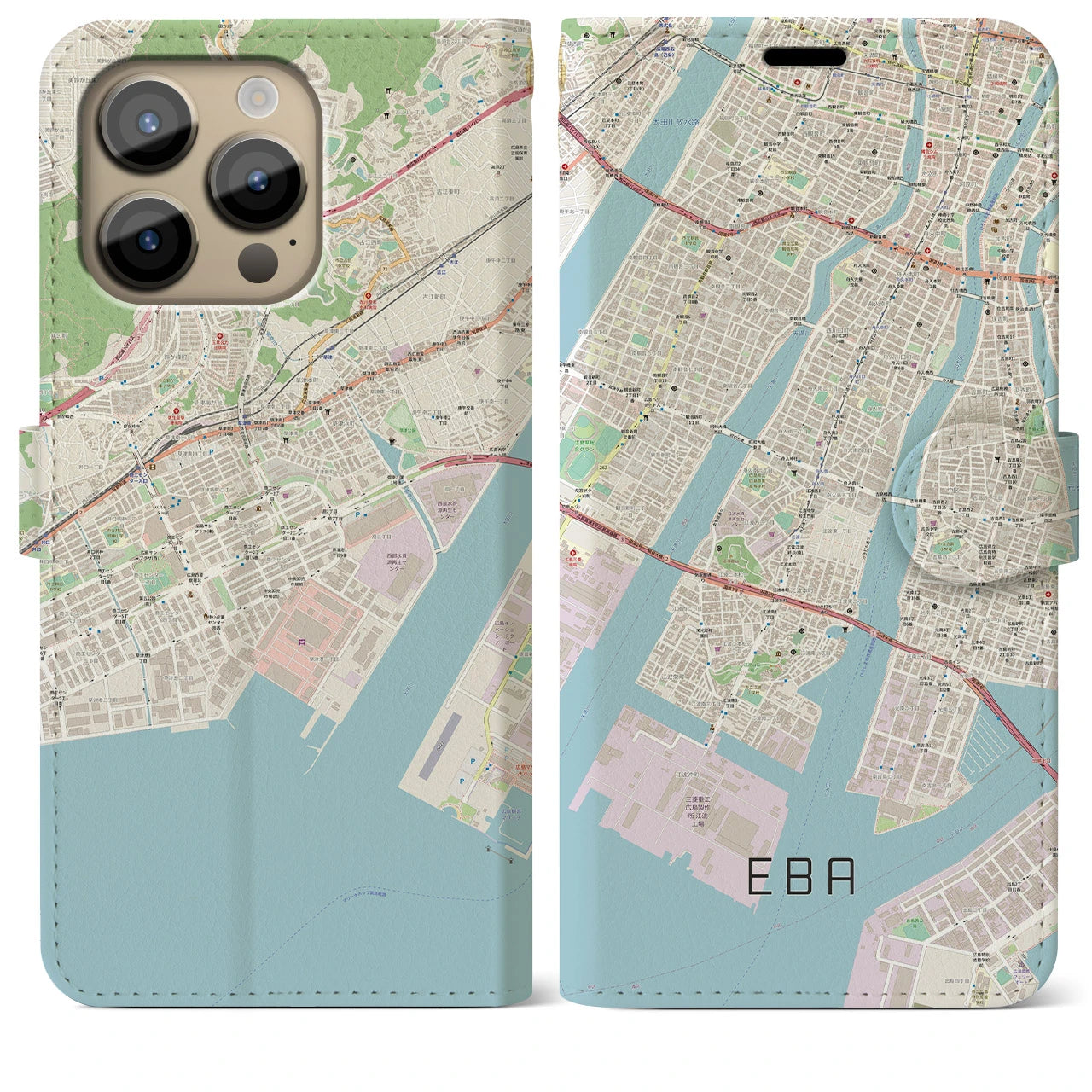 【江波】地図柄iPhoneケース（手帳両面タイプ・ナチュラル）iPhone 14 Pro Max 用