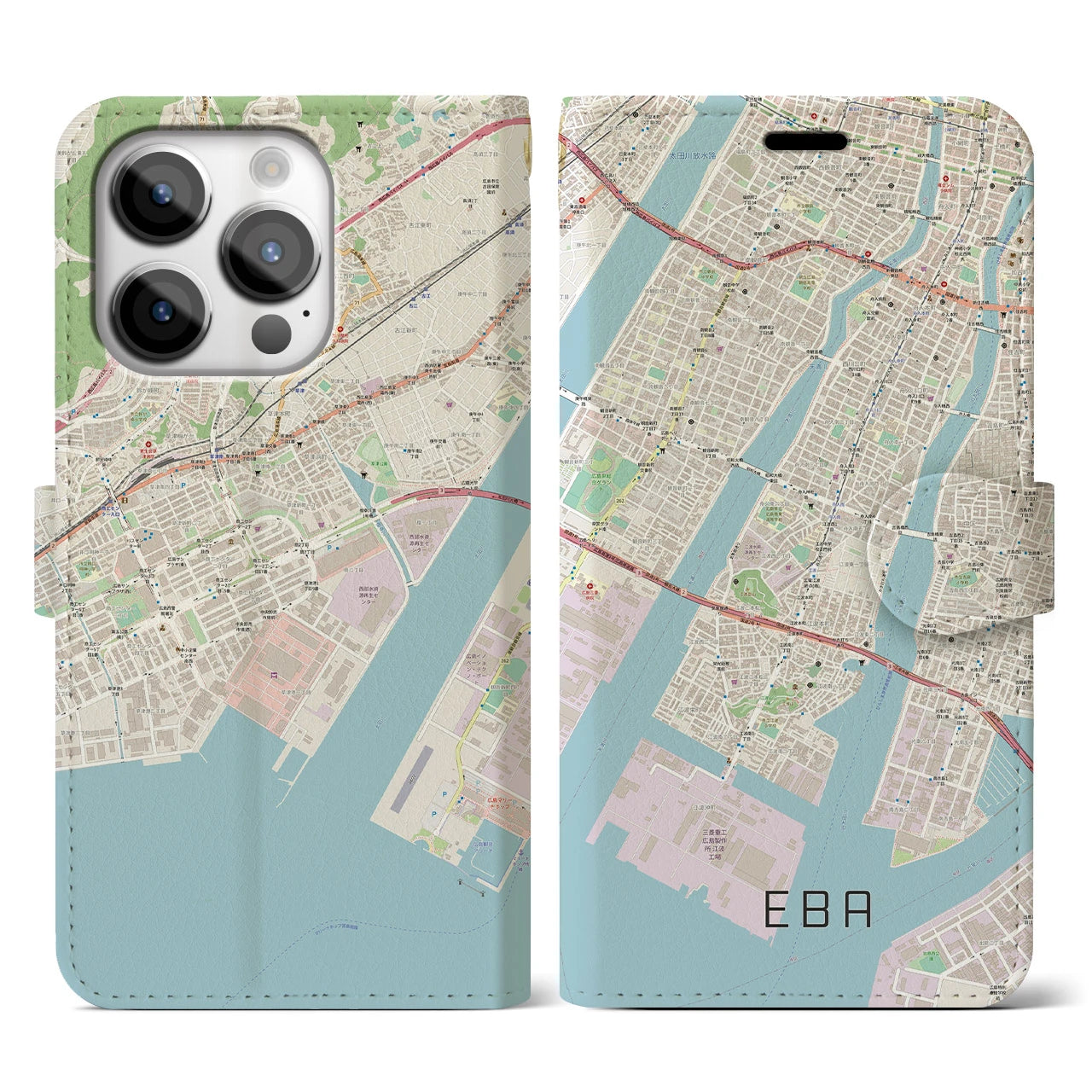 【江波】地図柄iPhoneケース（手帳両面タイプ・ナチュラル）iPhone 14 Pro 用