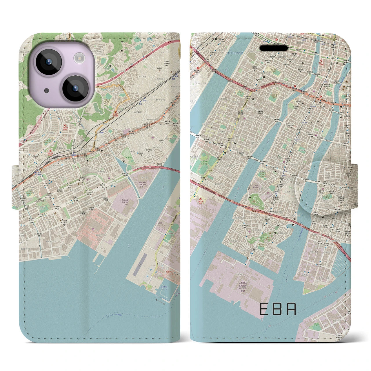 【江波】地図柄iPhoneケース（手帳両面タイプ・ナチュラル）iPhone 14 用