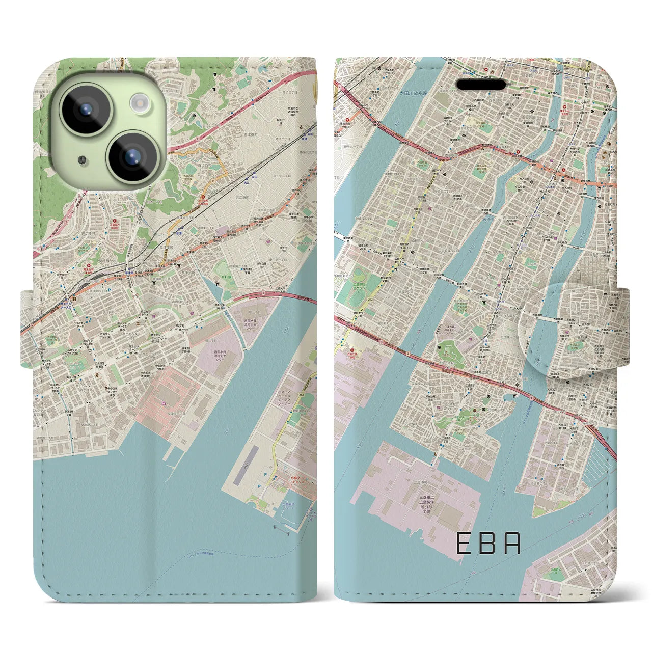 【江波】地図柄iPhoneケース（手帳両面タイプ・ナチュラル）iPhone 15 用