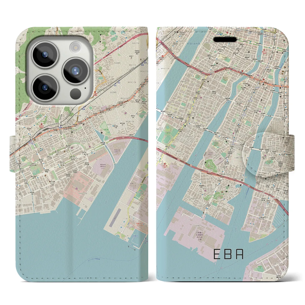 【江波】地図柄iPhoneケース（手帳両面タイプ・ナチュラル）iPhone 15 Pro 用