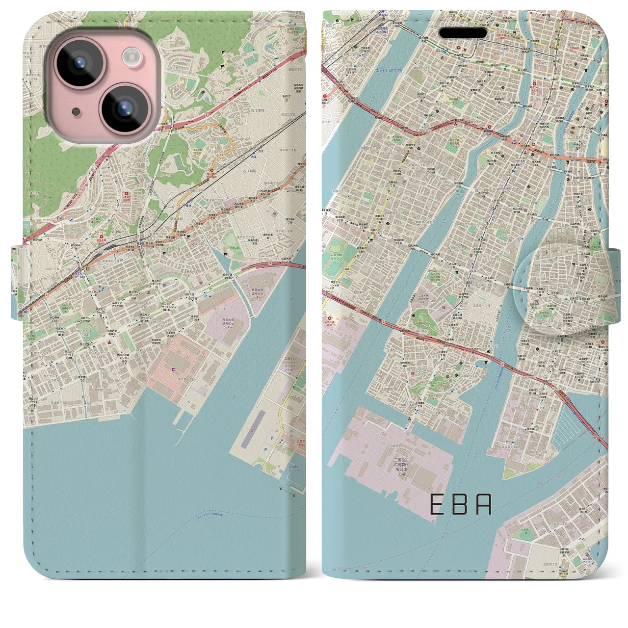 【江波】地図柄iPhoneケース（手帳両面タイプ・ナチュラル）iPhone 15 Plus 用