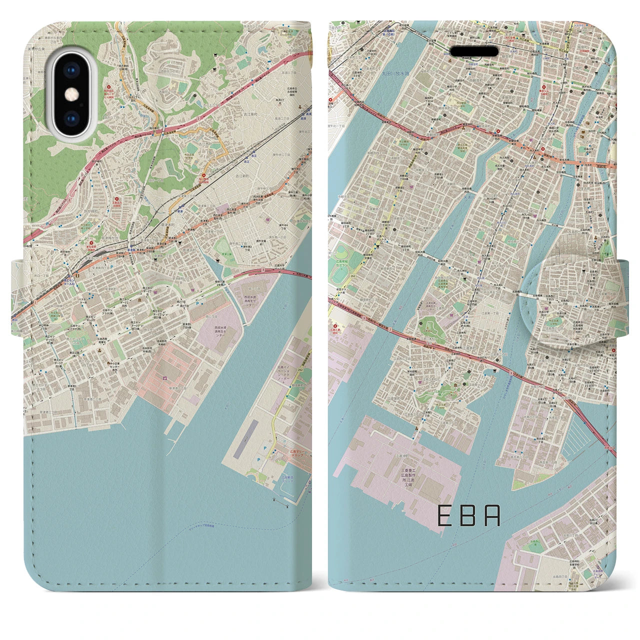 【江波】地図柄iPhoneケース（手帳両面タイプ・ナチュラル）iPhone XS Max 用