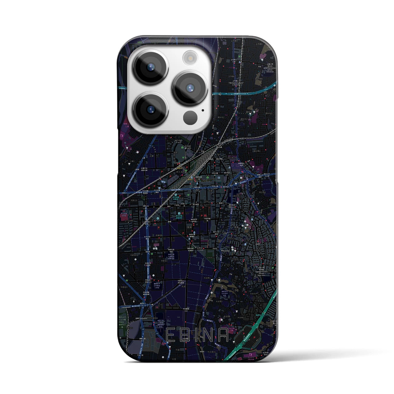 【海老名】地図柄iPhoneケース（バックカバータイプ・ブラック）iPhone 14 Pro 用