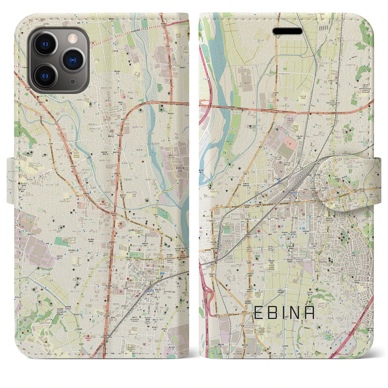 【海老名】地図柄iPhoneケース（手帳両面タイプ・ナチュラル）iPhone 11 Pro Max 用