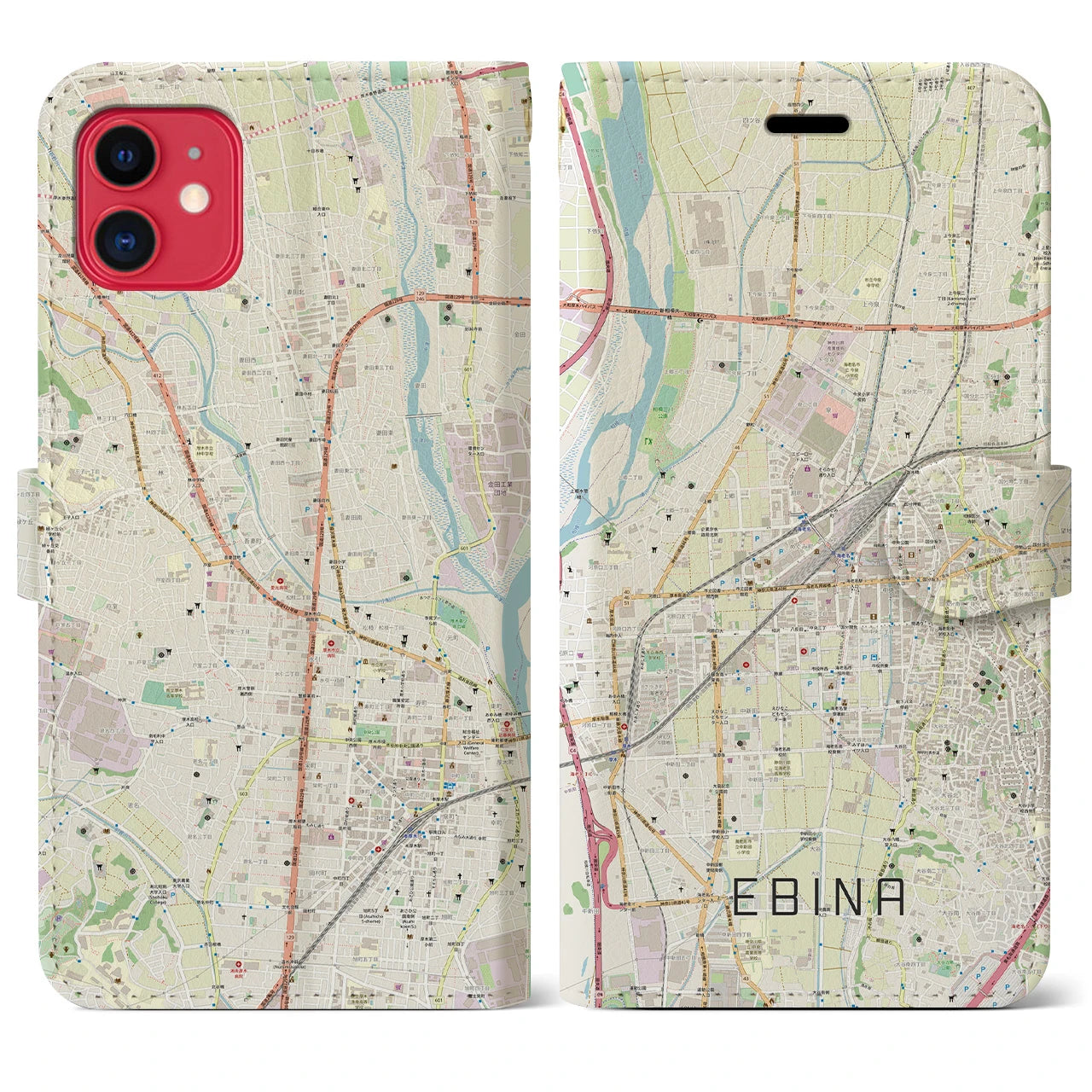 【海老名】地図柄iPhoneケース（手帳両面タイプ・ナチュラル）iPhone 11 用