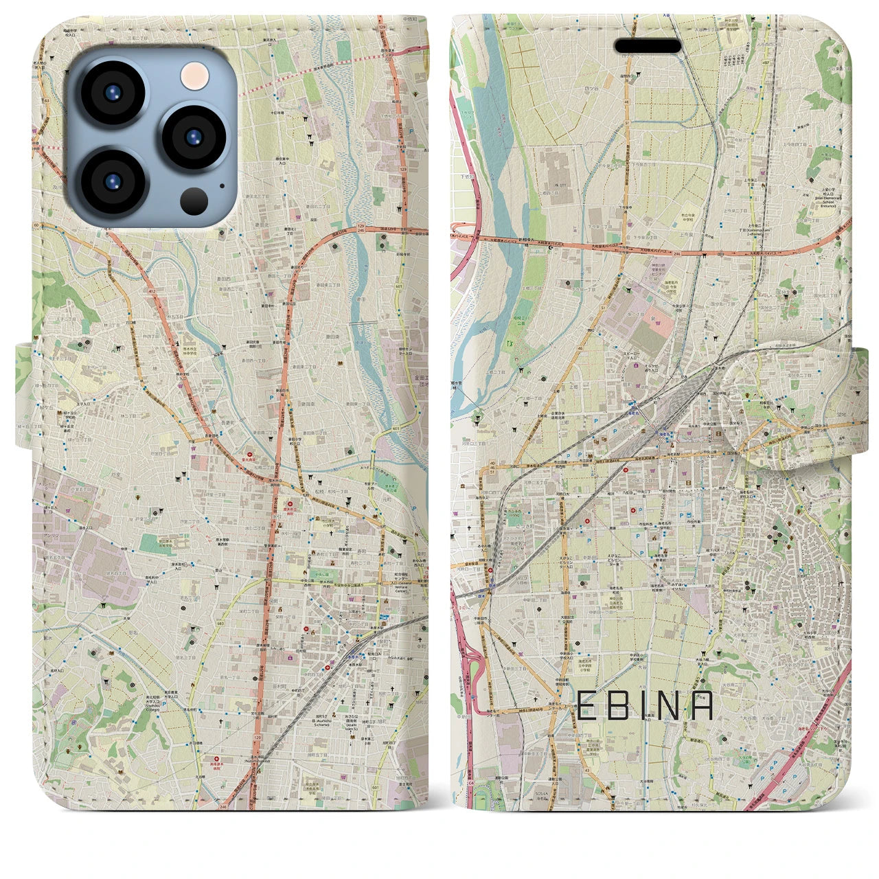 【海老名】地図柄iPhoneケース（手帳両面タイプ・ナチュラル）iPhone 13 Pro Max 用