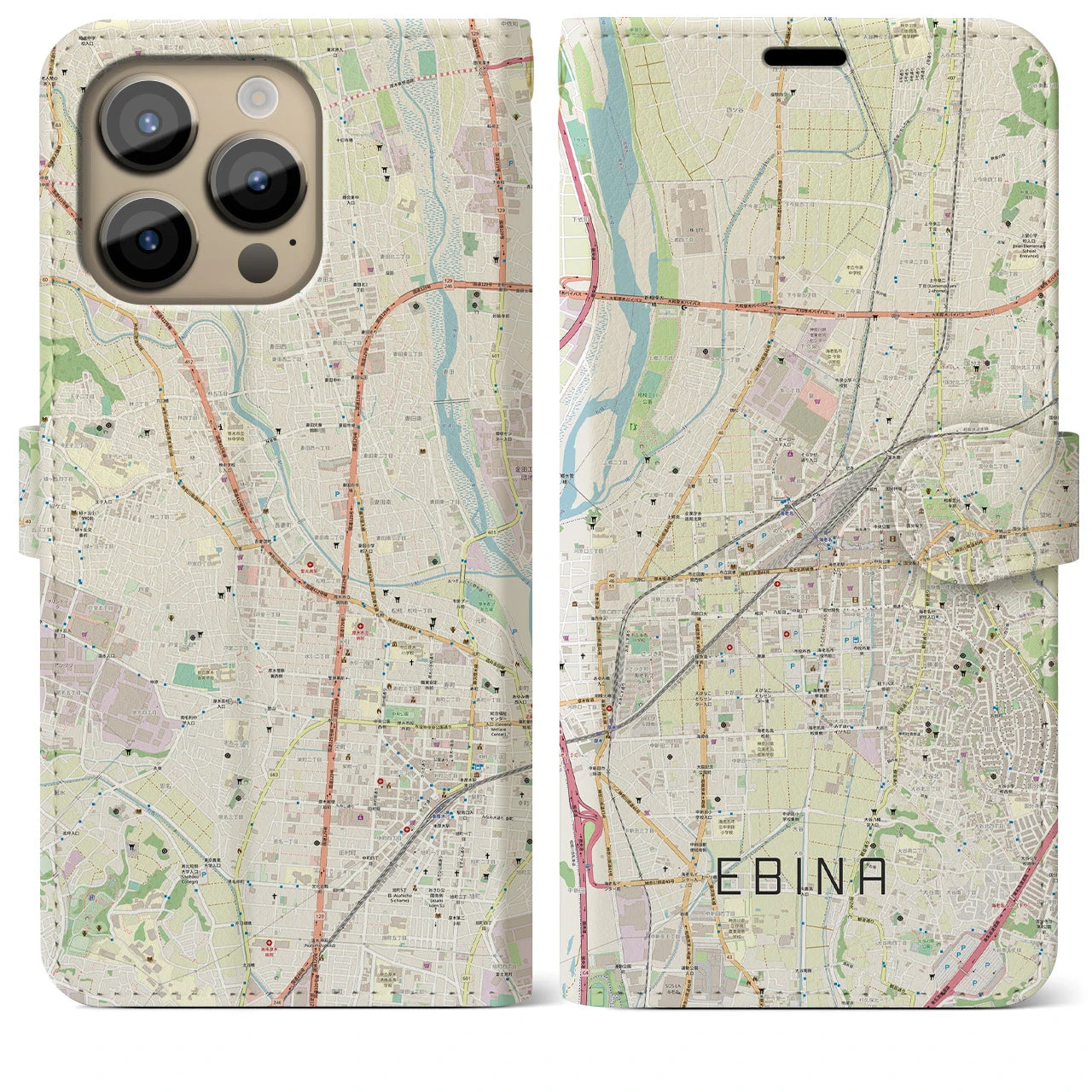【海老名】地図柄iPhoneケース（手帳両面タイプ・ナチュラル）iPhone 14 Pro Max 用