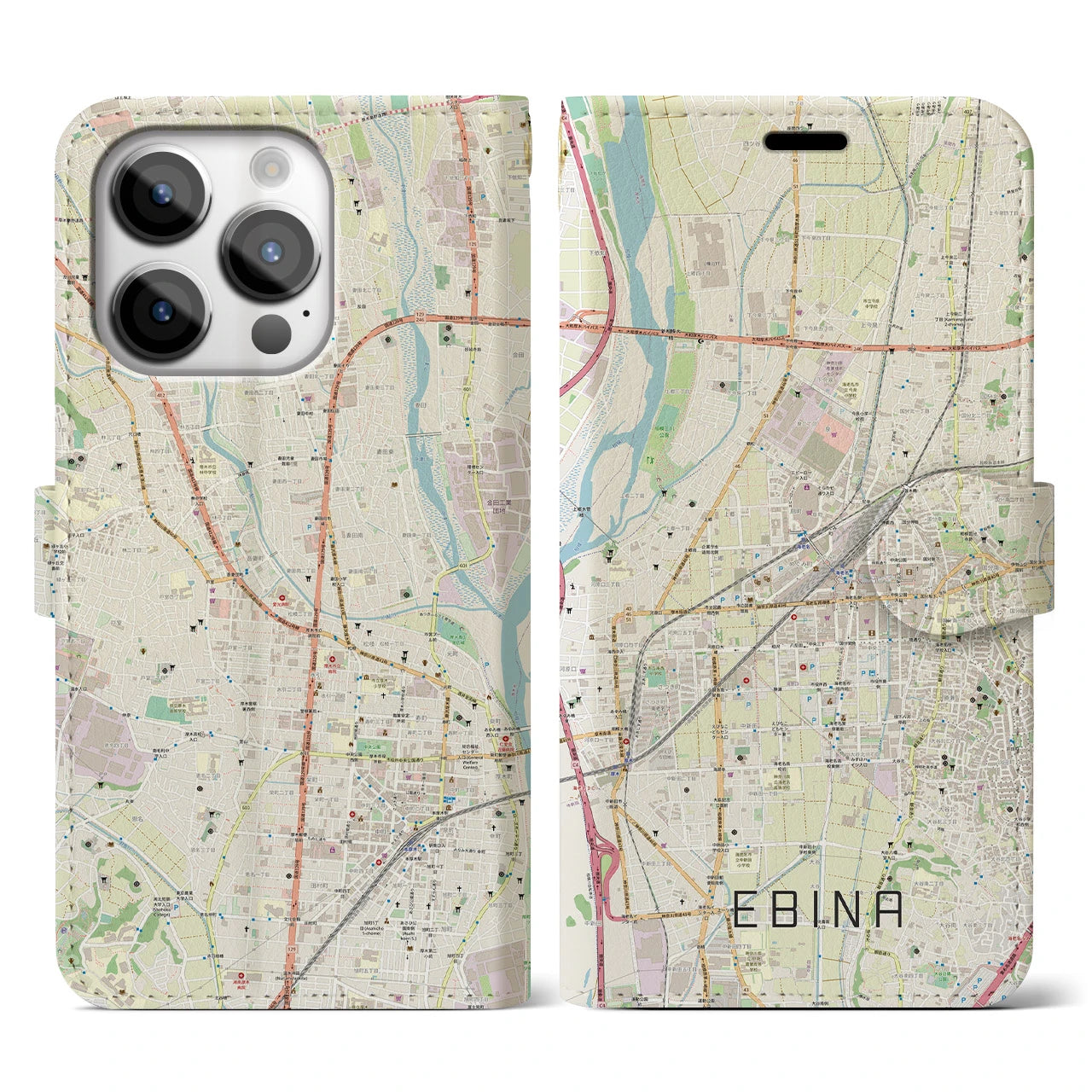 【海老名】地図柄iPhoneケース（手帳両面タイプ・ナチュラル）iPhone 14 Pro 用