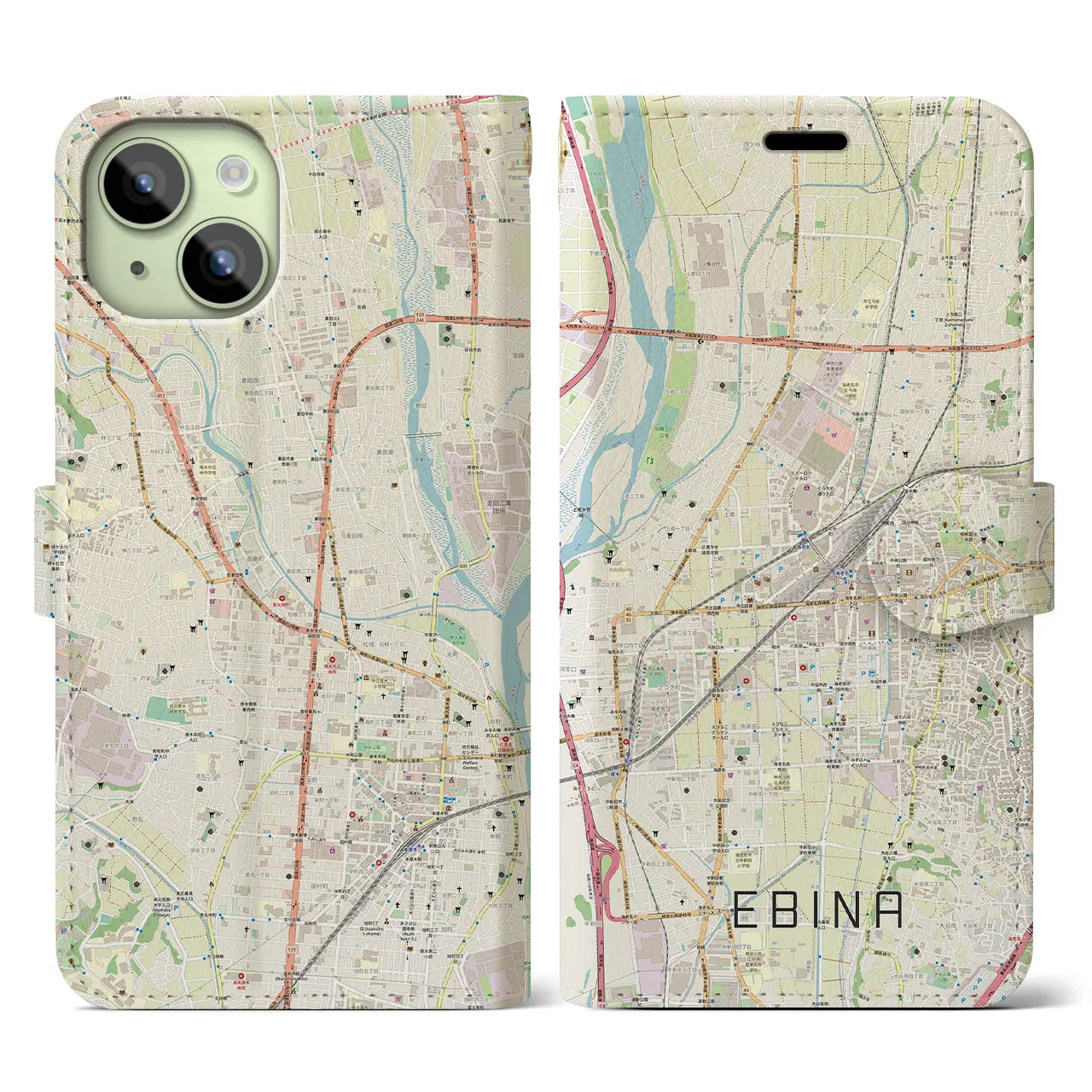 【海老名】地図柄iPhoneケース（手帳両面タイプ・ナチュラル）iPhone 15 用