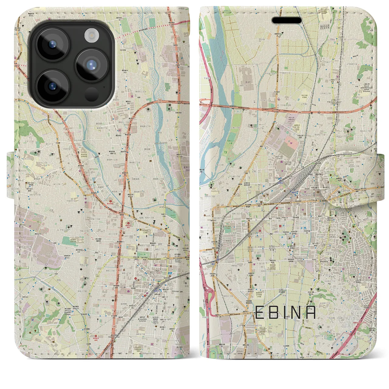 【海老名】地図柄iPhoneケース（手帳両面タイプ・ナチュラル）iPhone 15 Pro Max 用