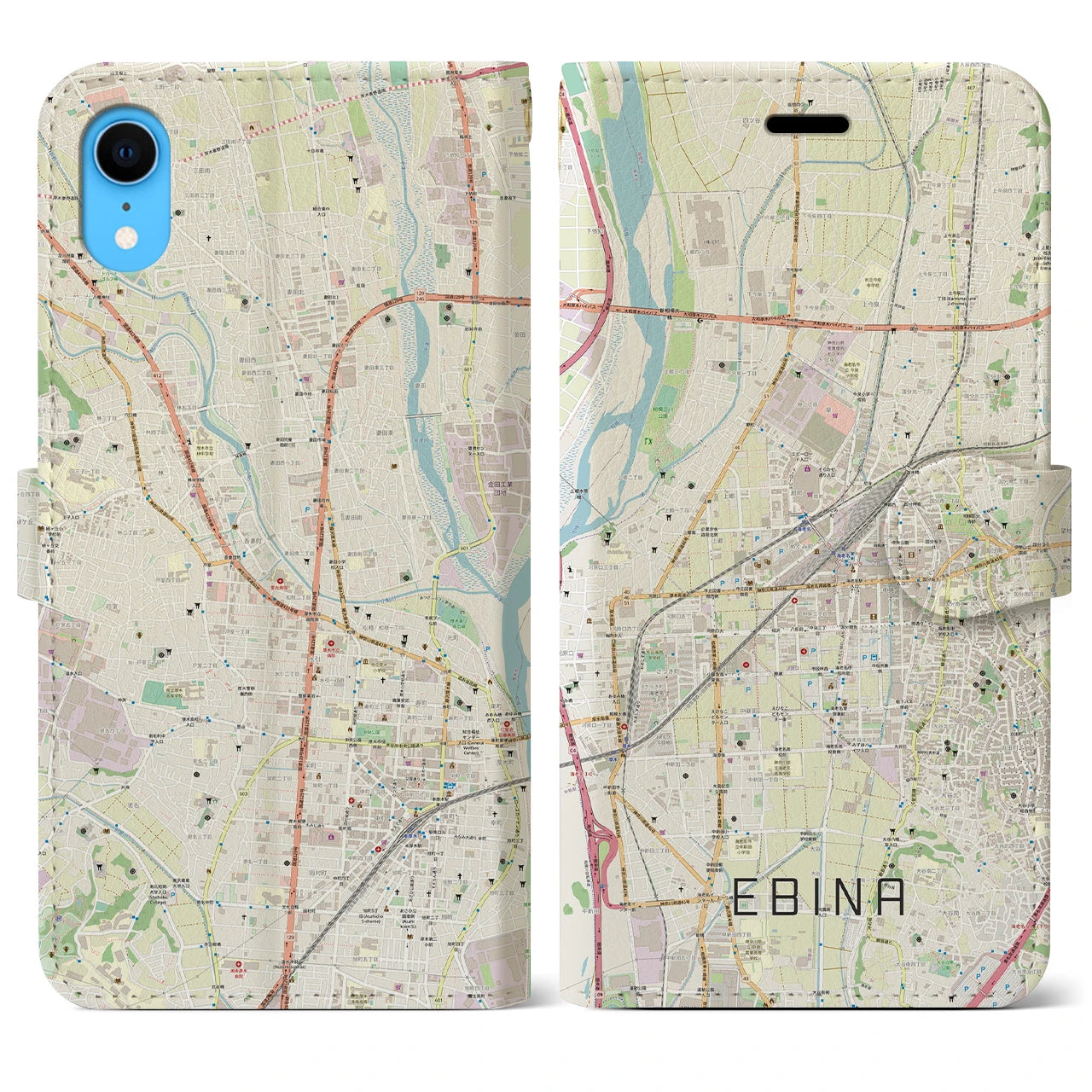 【海老名】地図柄iPhoneケース（手帳両面タイプ・ナチュラル）iPhone XR 用