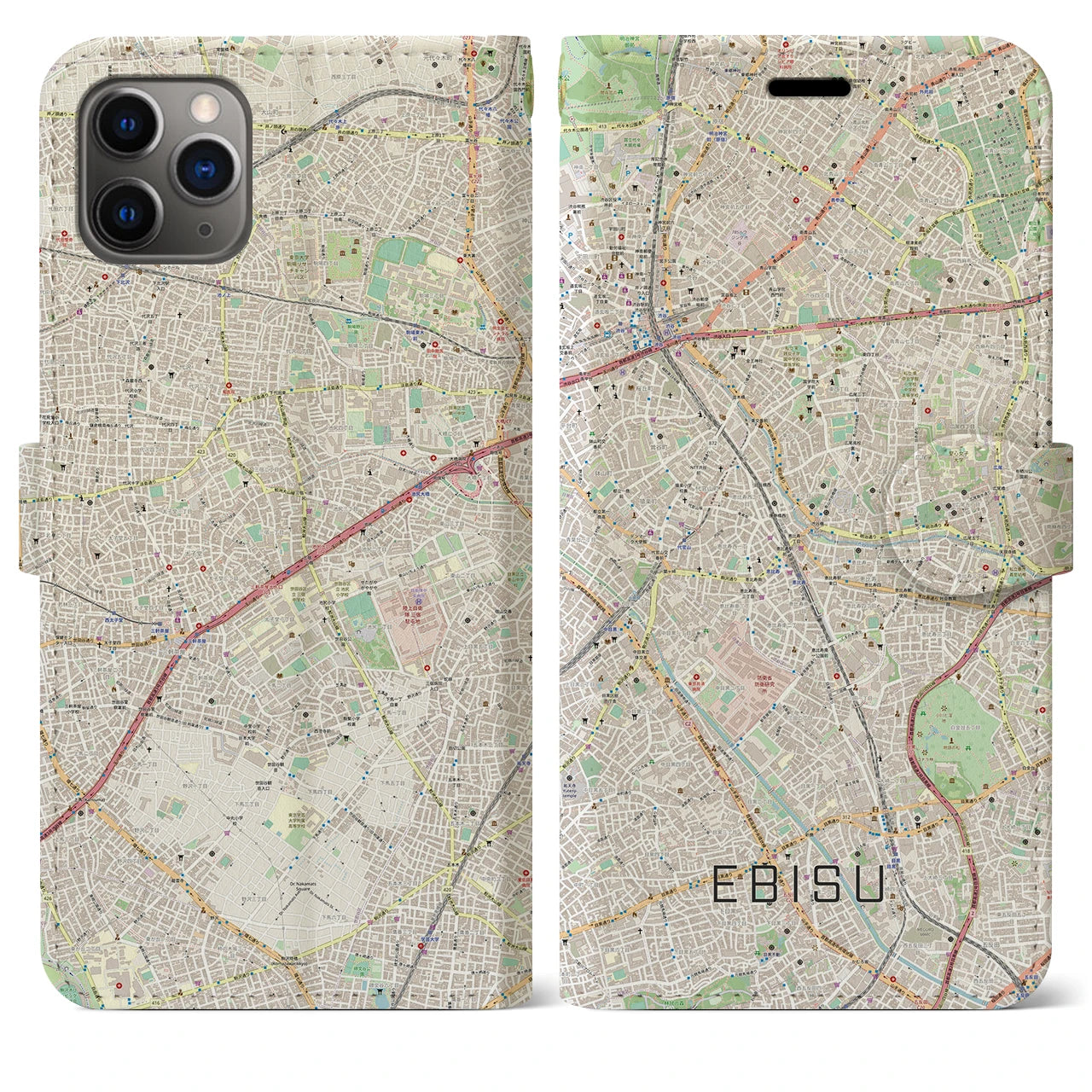 【恵比寿】地図柄iPhoneケース（手帳両面タイプ・ナチュラル）iPhone 11 Pro Max 用