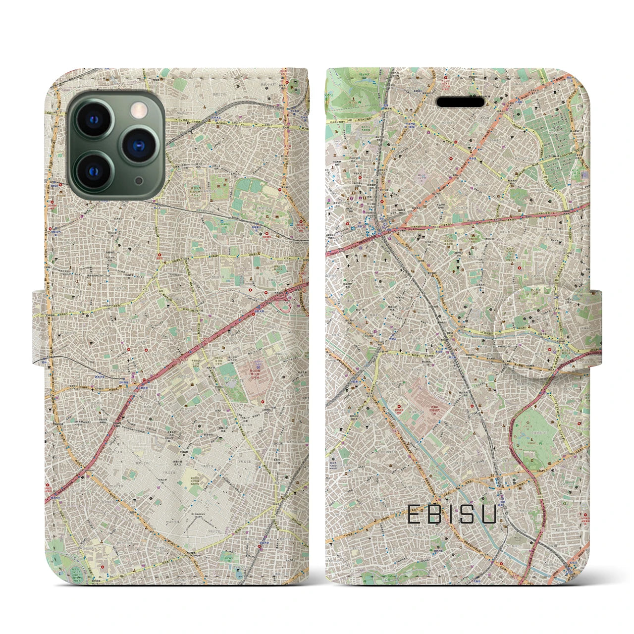 【恵比寿】地図柄iPhoneケース（手帳両面タイプ・ナチュラル）iPhone 11 Pro 用