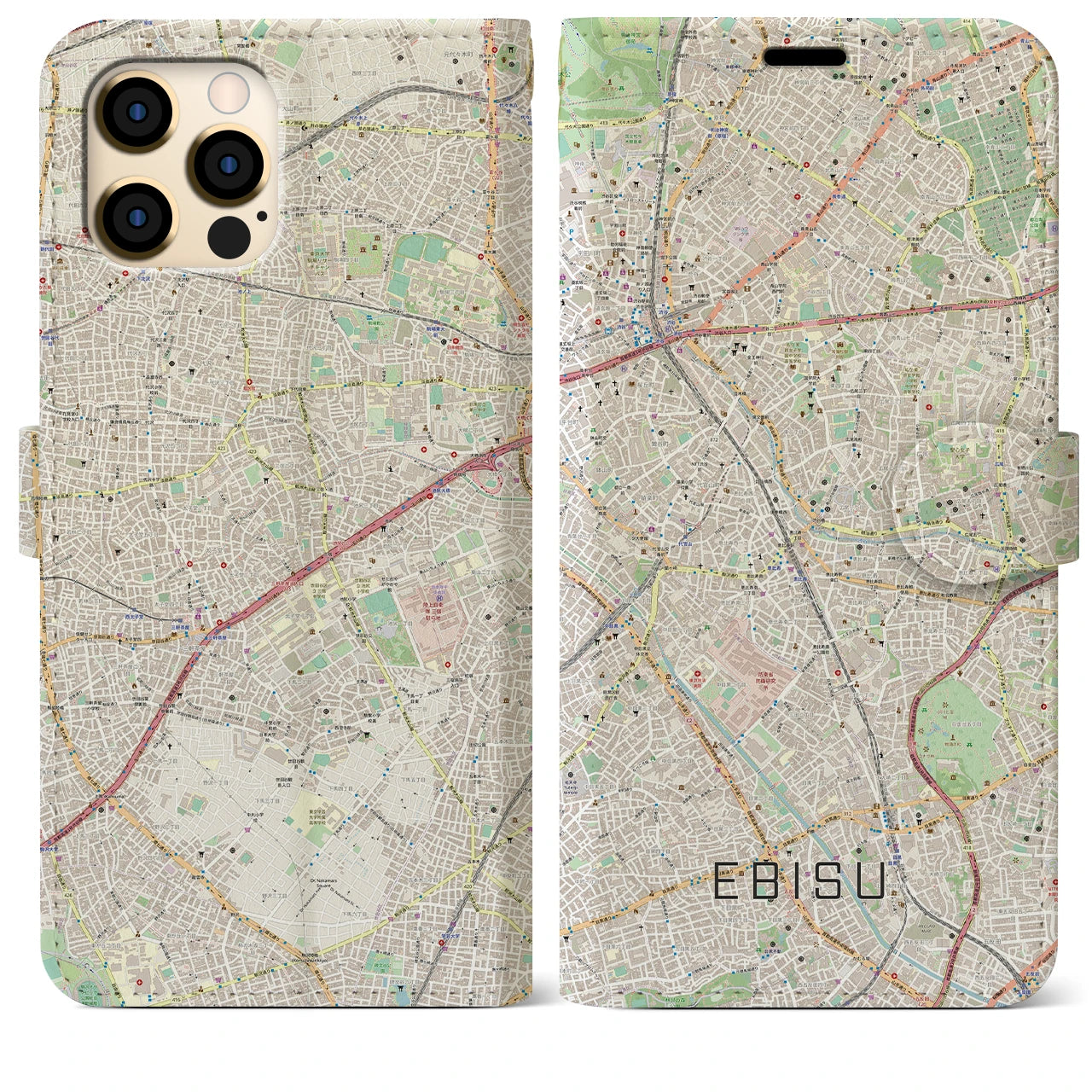 【恵比寿】地図柄iPhoneケース（手帳両面タイプ・ナチュラル）iPhone 12 Pro Max 用