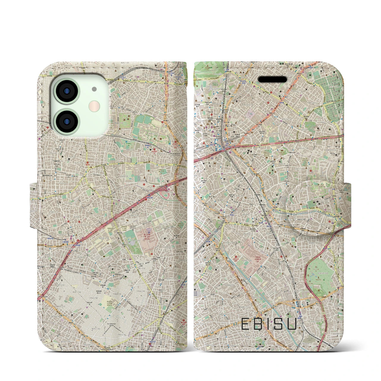 【恵比寿】地図柄iPhoneケース（手帳両面タイプ・ナチュラル）iPhone 12 mini 用