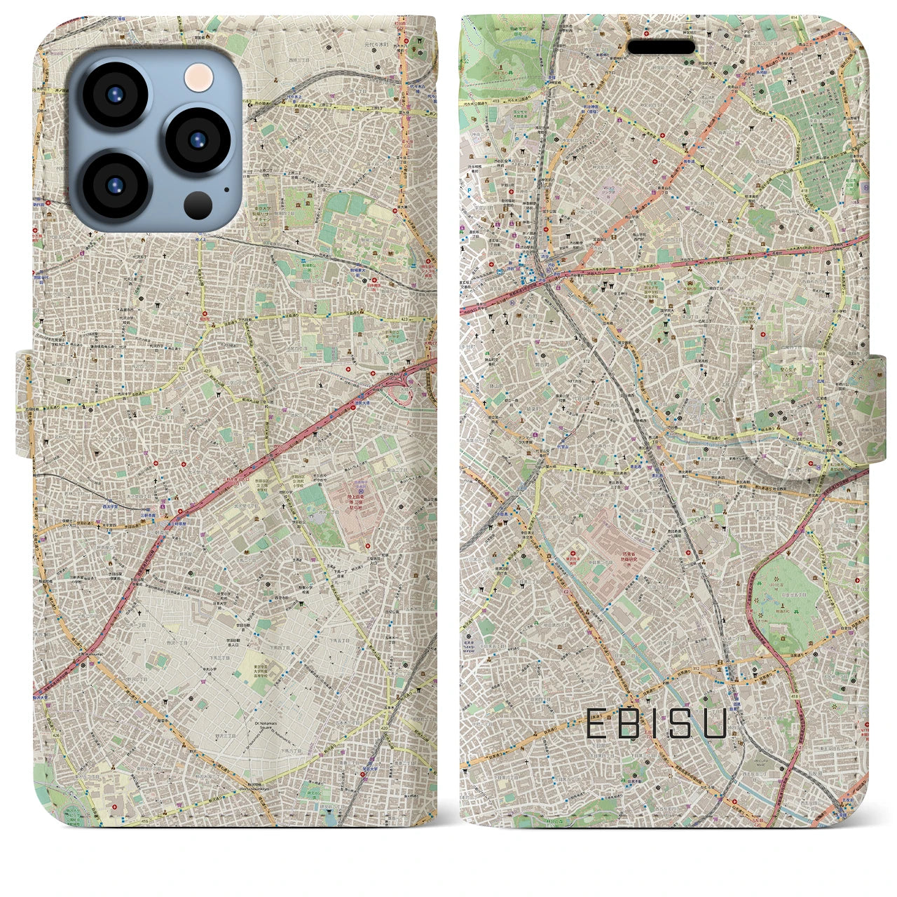 【恵比寿】地図柄iPhoneケース（手帳両面タイプ・ナチュラル）iPhone 13 Pro Max 用