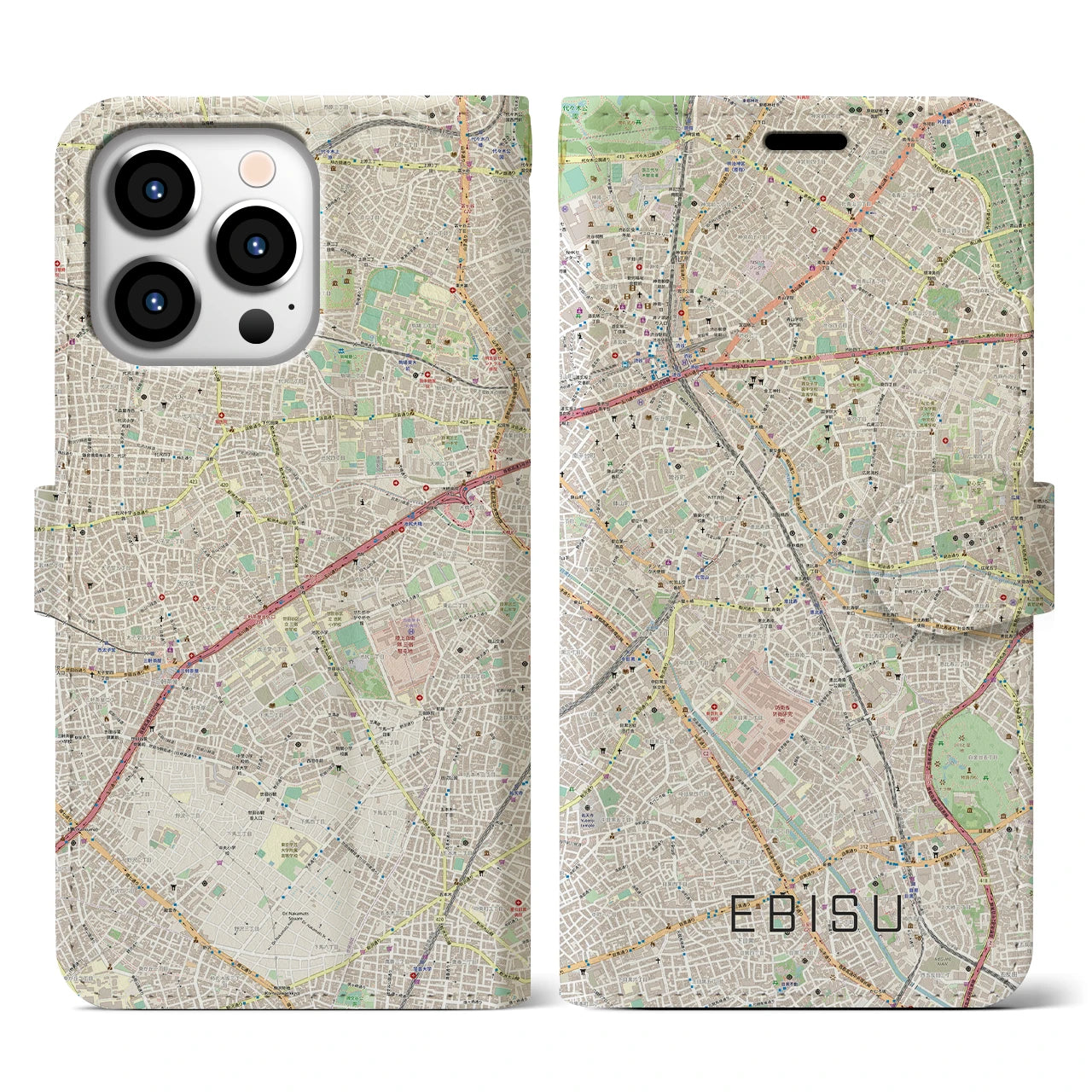 【恵比寿】地図柄iPhoneケース（手帳両面タイプ・ナチュラル）iPhone 13 Pro 用
