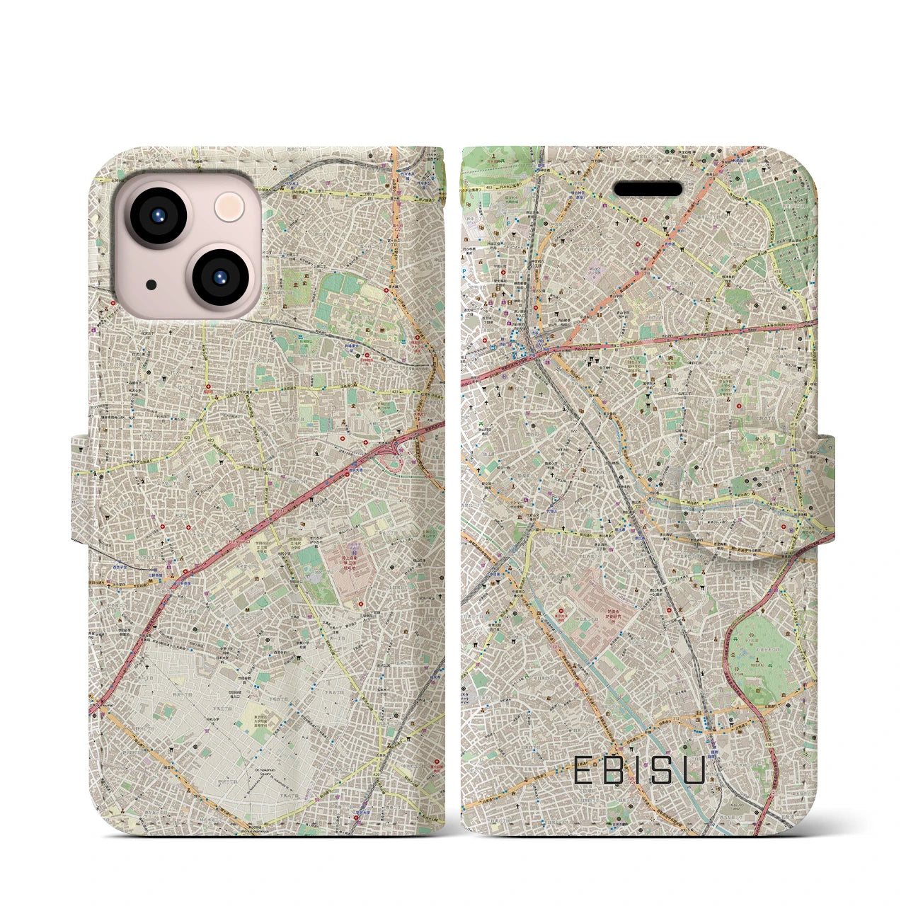 【恵比寿】地図柄iPhoneケース（手帳両面タイプ・ナチュラル）iPhone 13 mini 用