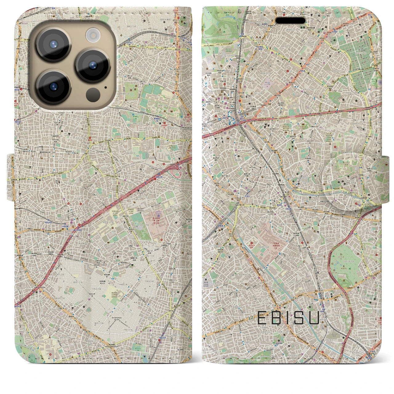 【恵比寿】地図柄iPhoneケース（手帳両面タイプ・ナチュラル）iPhone 14 Pro Max 用