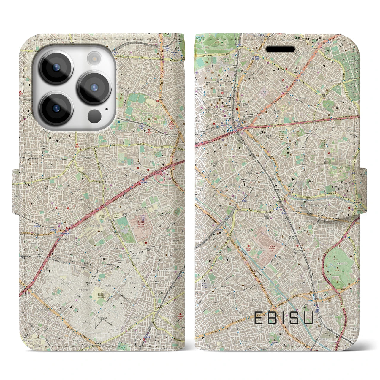 【恵比寿】地図柄iPhoneケース（手帳両面タイプ・ナチュラル）iPhone 14 Pro 用