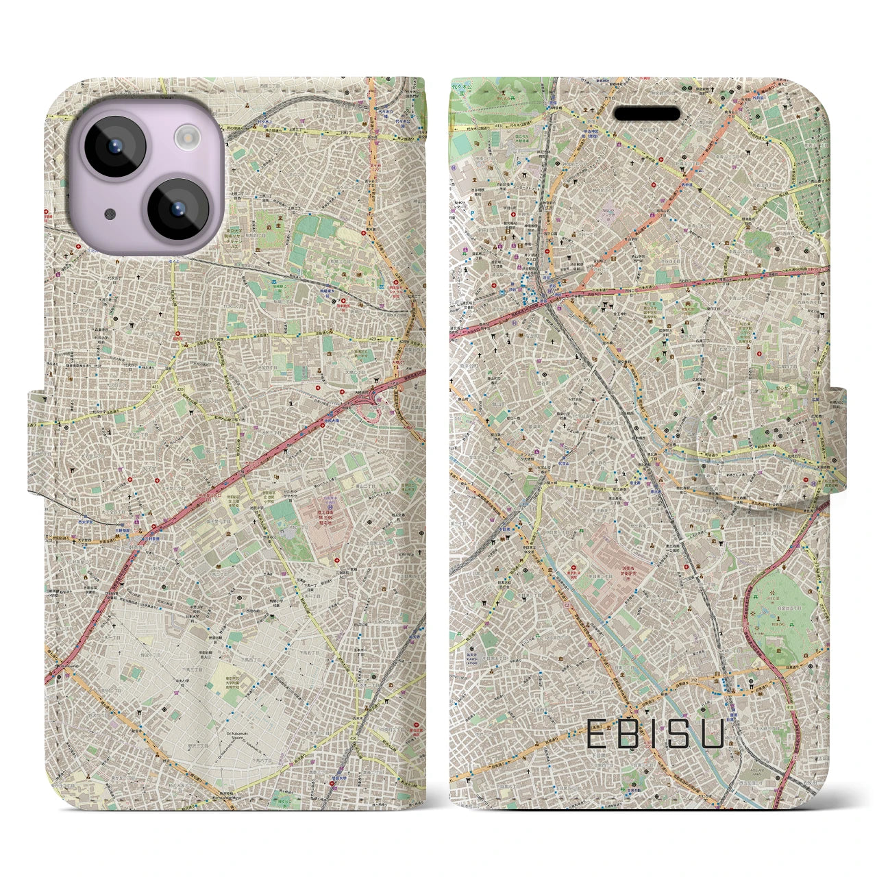 【恵比寿】地図柄iPhoneケース（手帳両面タイプ・ナチュラル）iPhone 14 用
