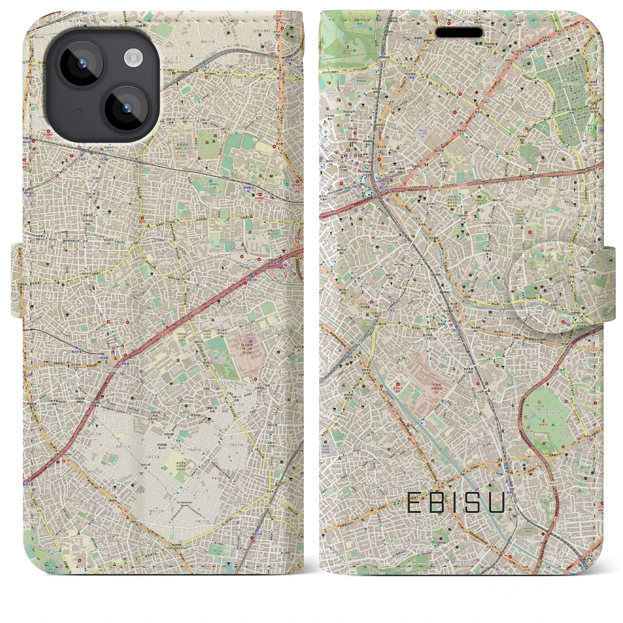 【恵比寿】地図柄iPhoneケース（手帳両面タイプ・ナチュラル）iPhone 14 Plus 用