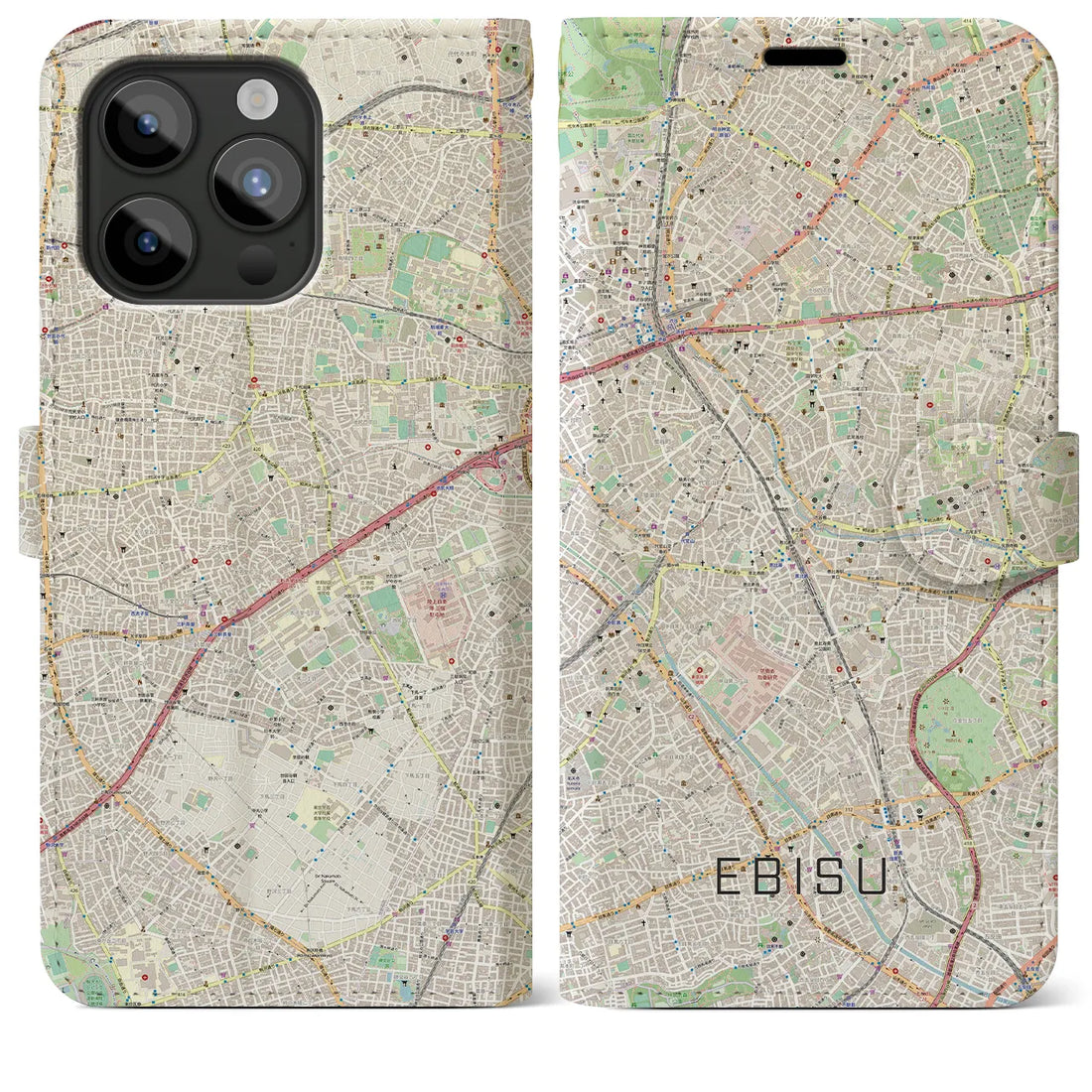 【恵比寿】地図柄iPhoneケース（手帳両面タイプ・ナチュラル）iPhone 15 Pro Max 用