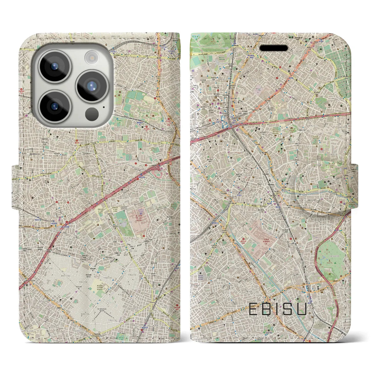 【恵比寿】地図柄iPhoneケース（手帳両面タイプ・ナチュラル）iPhone 15 Pro 用