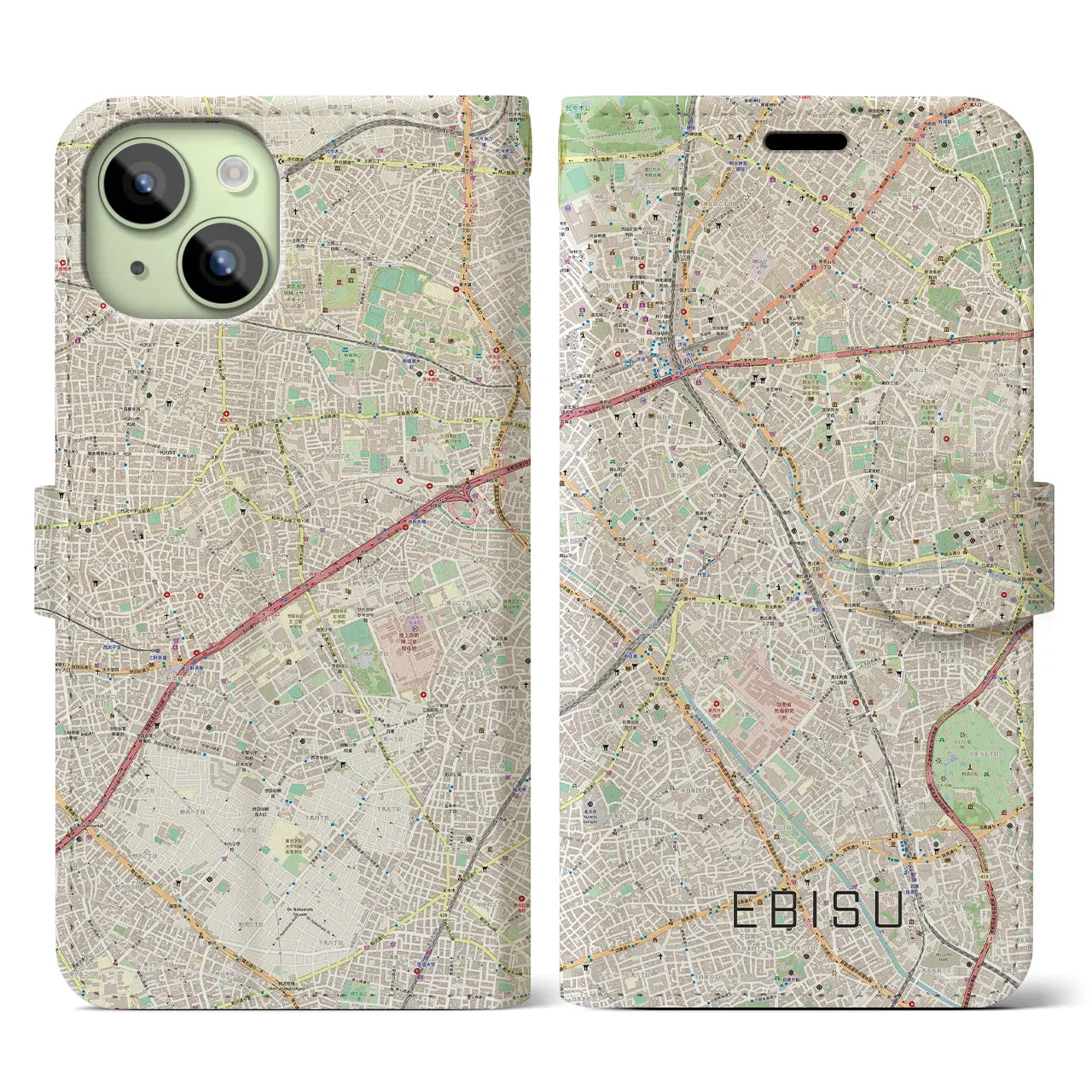 【恵比寿】地図柄iPhoneケース（手帳両面タイプ・ナチュラル）iPhone 15 用