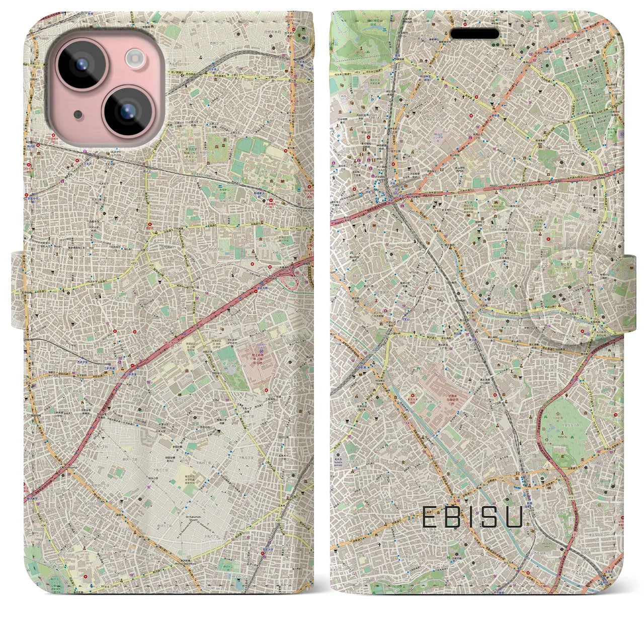 【恵比寿】地図柄iPhoneケース（手帳両面タイプ・ナチュラル）iPhone 15 Plus 用