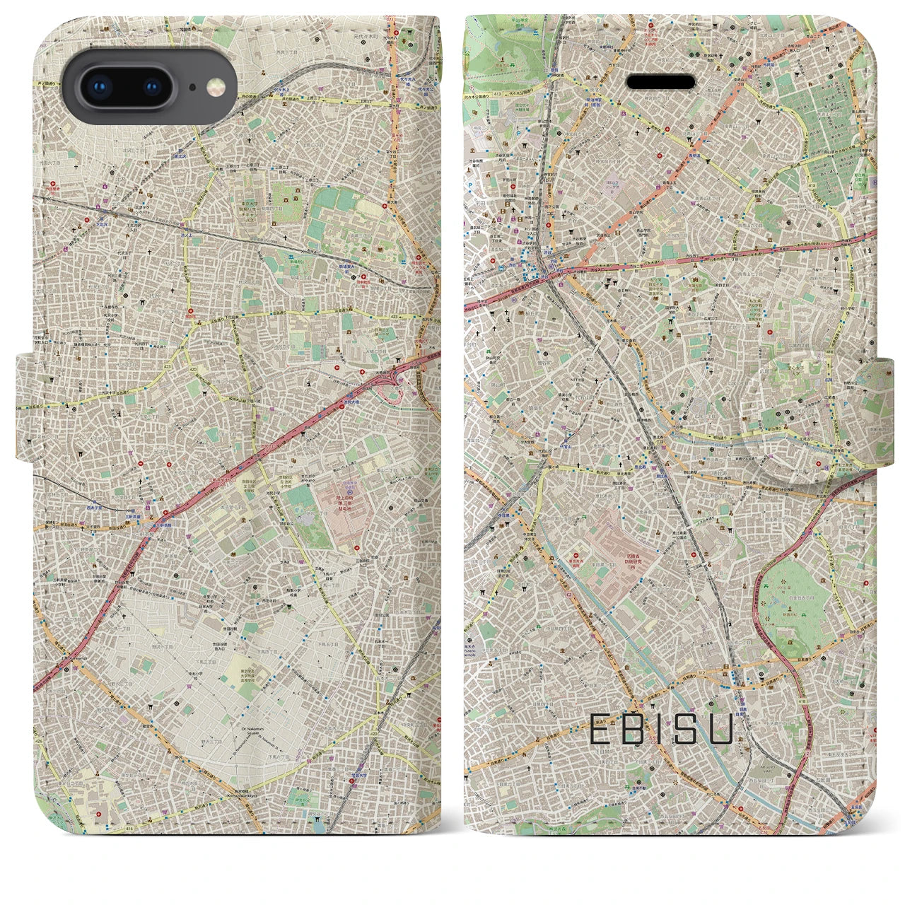 【恵比寿】地図柄iPhoneケース（手帳両面タイプ・ナチュラル）iPhone 8Plus /7Plus / 6sPlus / 6Plus 用