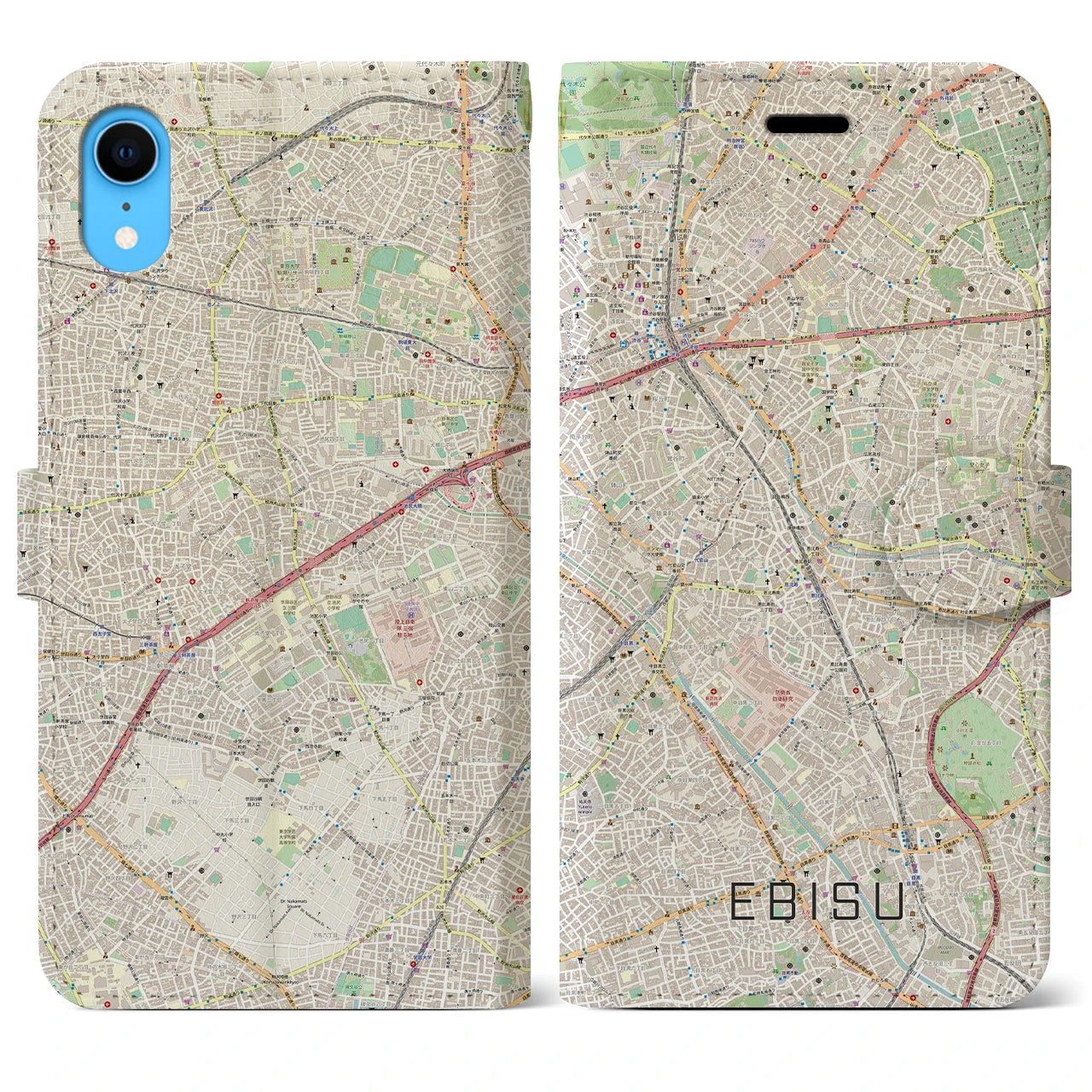 【恵比寿】地図柄iPhoneケース（手帳両面タイプ・ナチュラル）iPhone XR 用