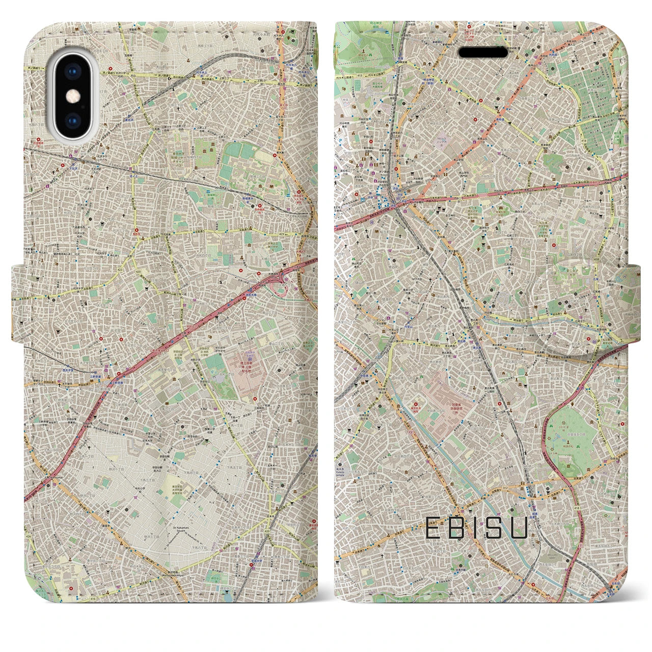 【恵比寿】地図柄iPhoneケース（手帳両面タイプ・ナチュラル）iPhone XS Max 用