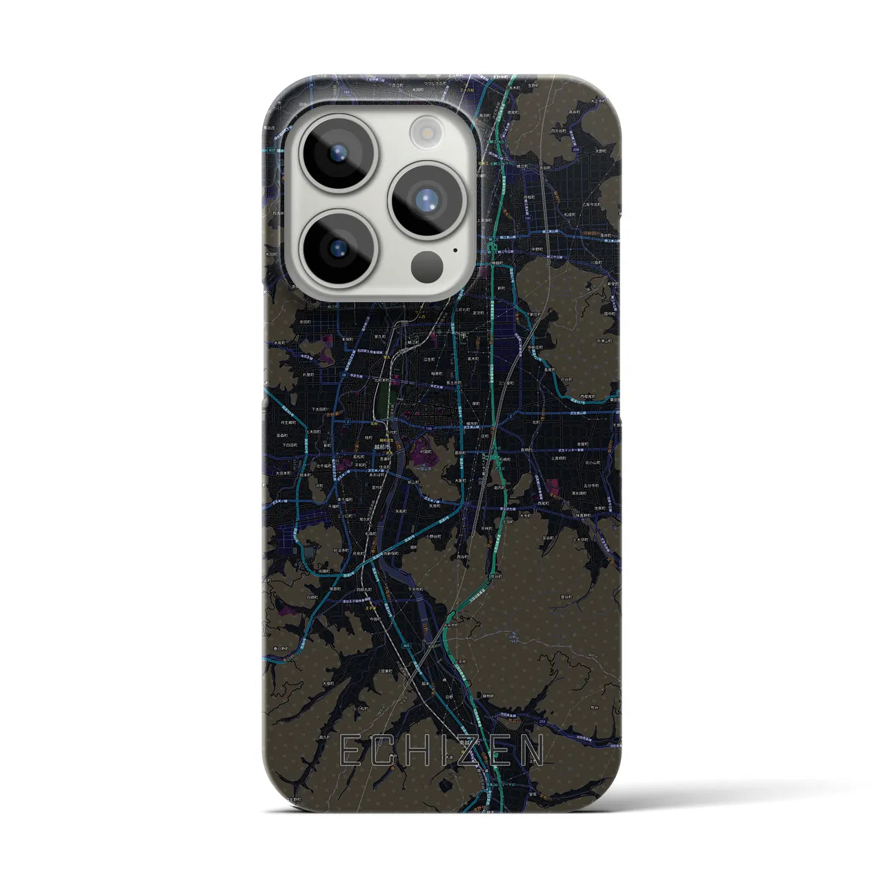 【越前】地図柄iPhoneケース（バックカバータイプ・ブラック）iPhone 15 Pro 用