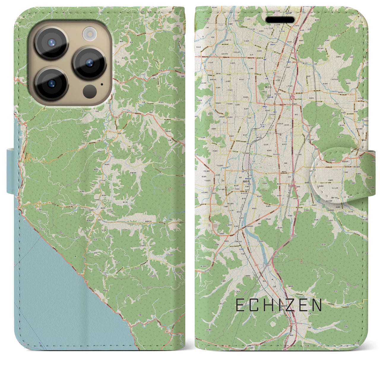 【越前】地図柄iPhoneケース（手帳両面タイプ・ナチュラル）iPhone 14 Pro Max 用