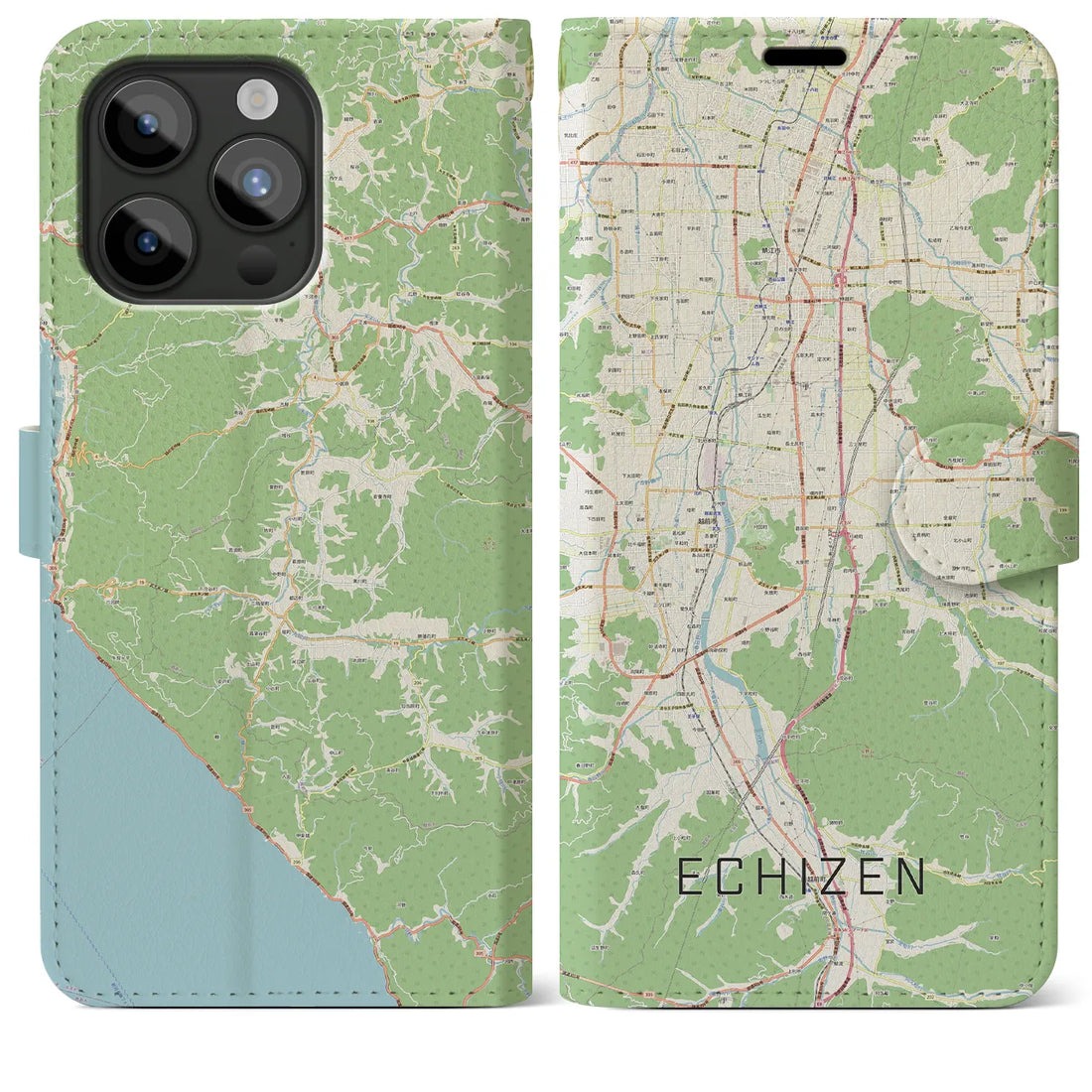 【越前】地図柄iPhoneケース（手帳両面タイプ・ナチュラル）iPhone 15 Pro Max 用