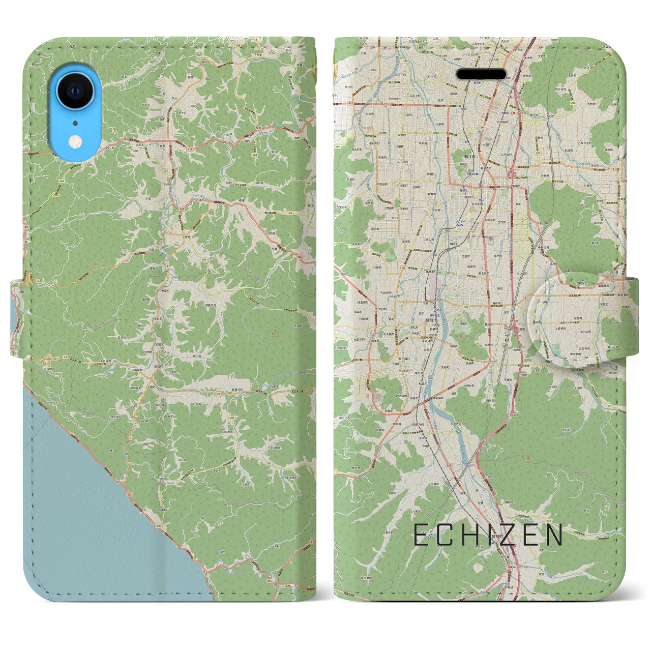【越前】地図柄iPhoneケース（手帳両面タイプ・ナチュラル）iPhone XR 用