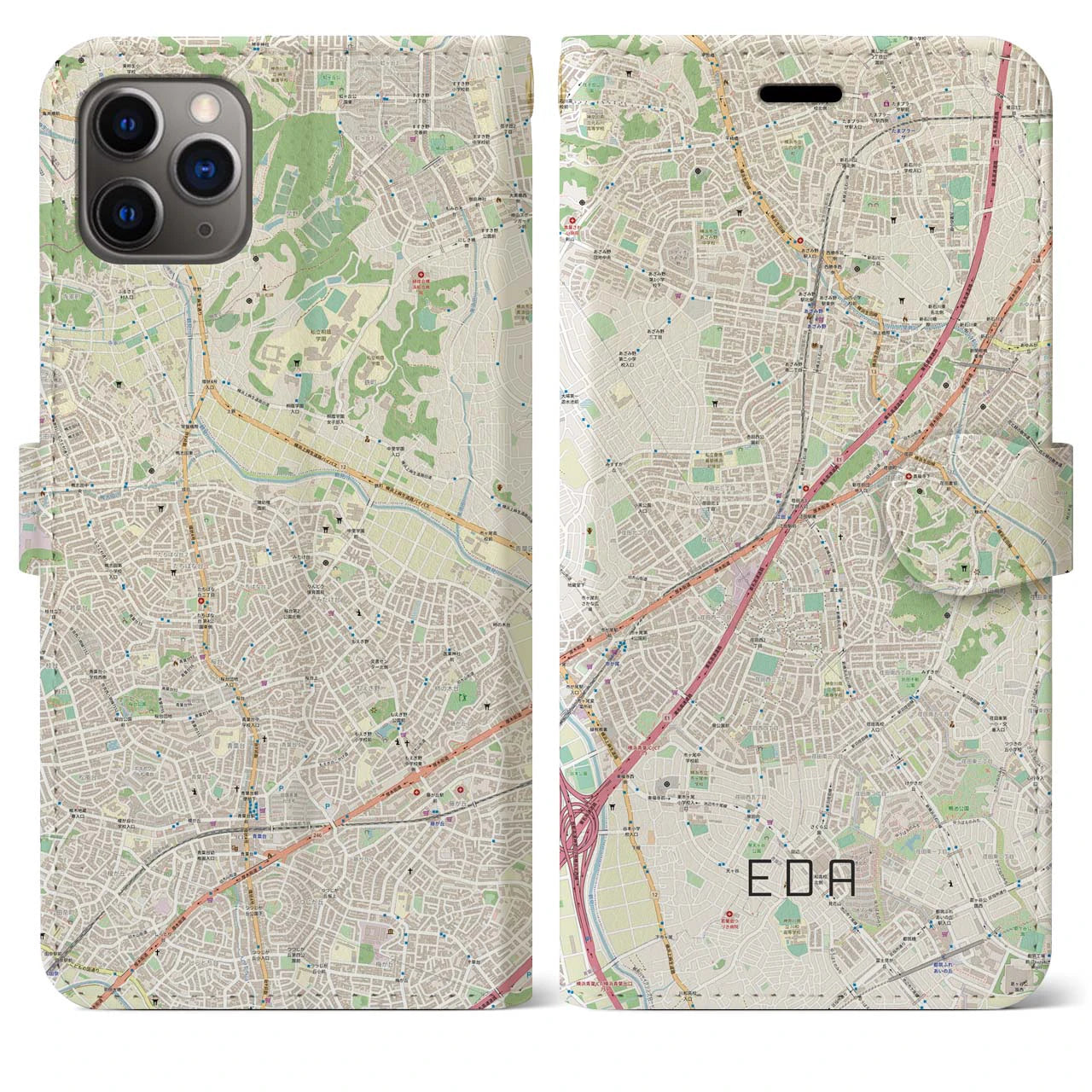 【江田】地図柄iPhoneケース（手帳両面タイプ・ナチュラル）iPhone 11 Pro Max 用
