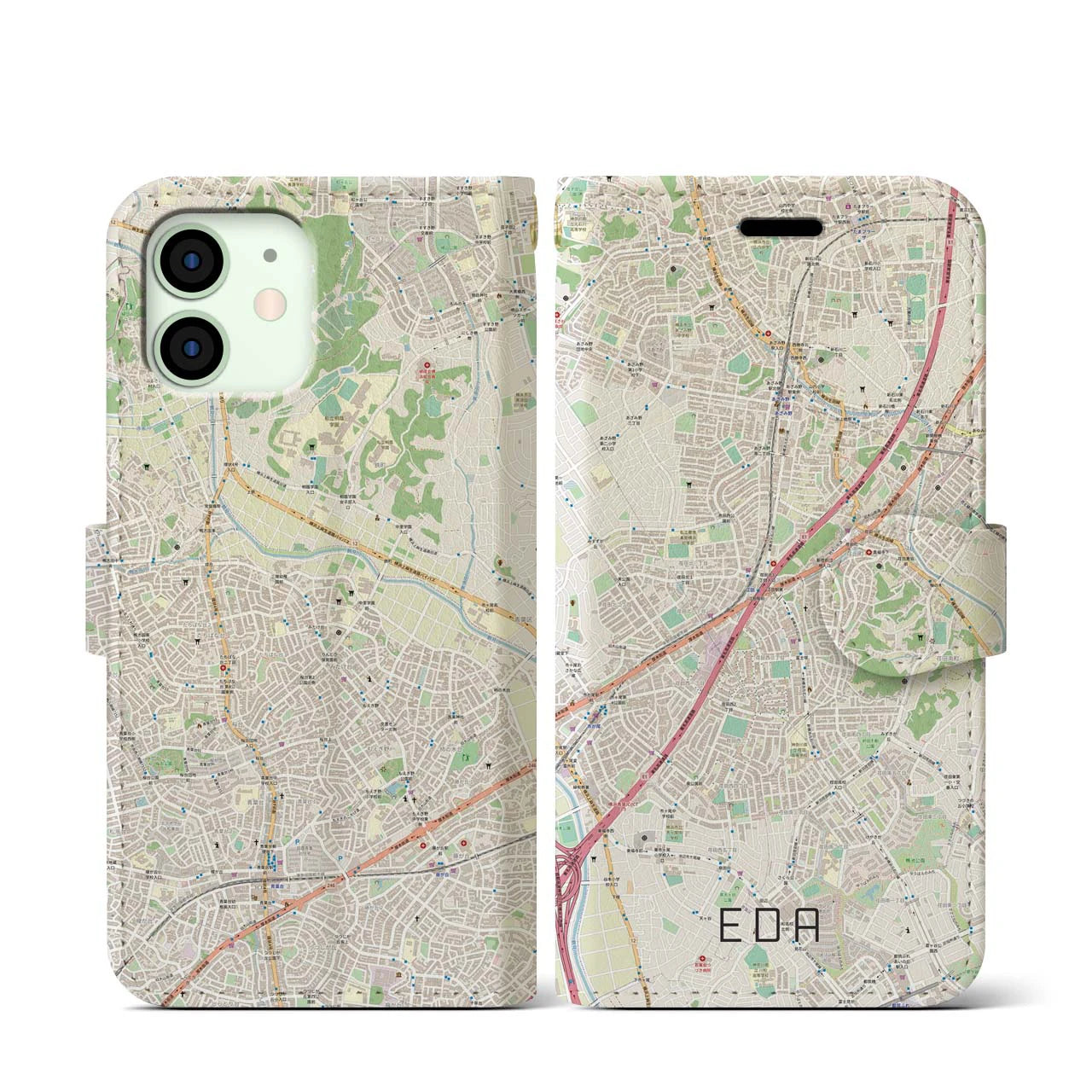 【江田】地図柄iPhoneケース（手帳両面タイプ・ナチュラル）iPhone 12 mini 用
