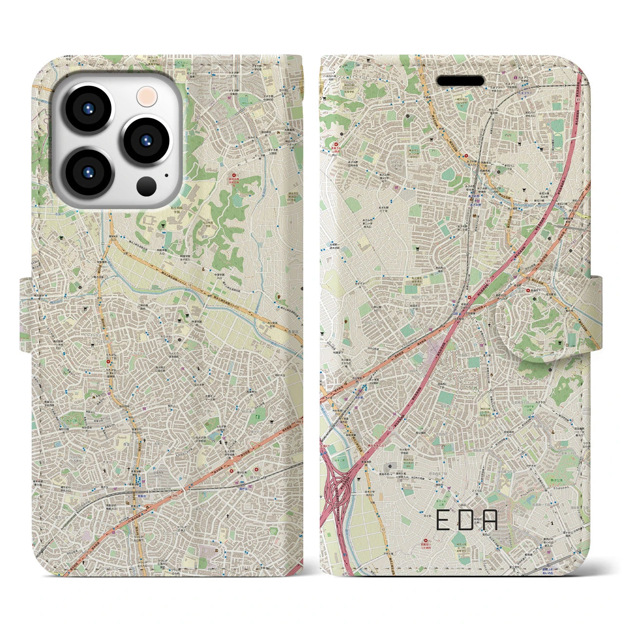 【江田】地図柄iPhoneケース（手帳両面タイプ・ナチュラル）iPhone 13 Pro 用