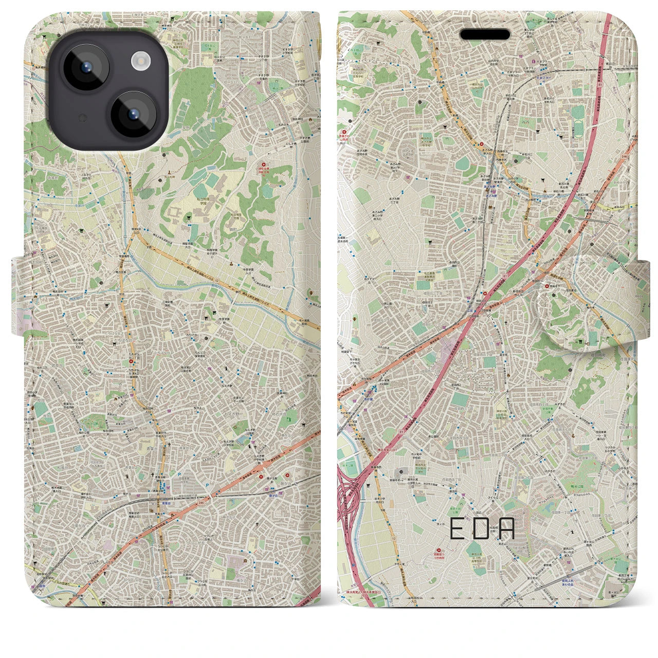 【江田】地図柄iPhoneケース（手帳両面タイプ・ナチュラル）iPhone 14 Plus 用
