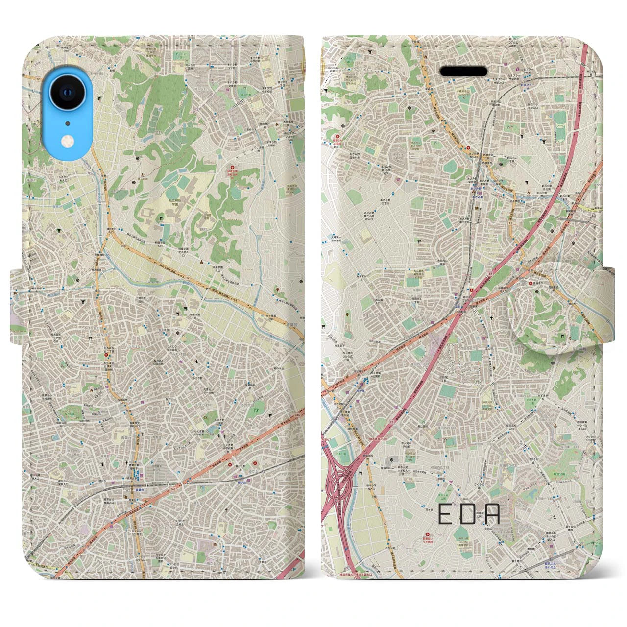 【江田】地図柄iPhoneケース（手帳両面タイプ・ナチュラル）iPhone XR 用