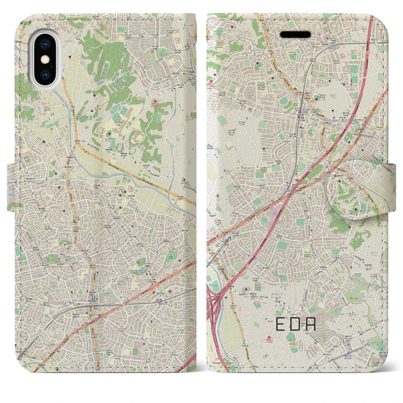 【江田】地図柄iPhoneケース（手帳両面タイプ・ナチュラル）iPhone XS Max 用