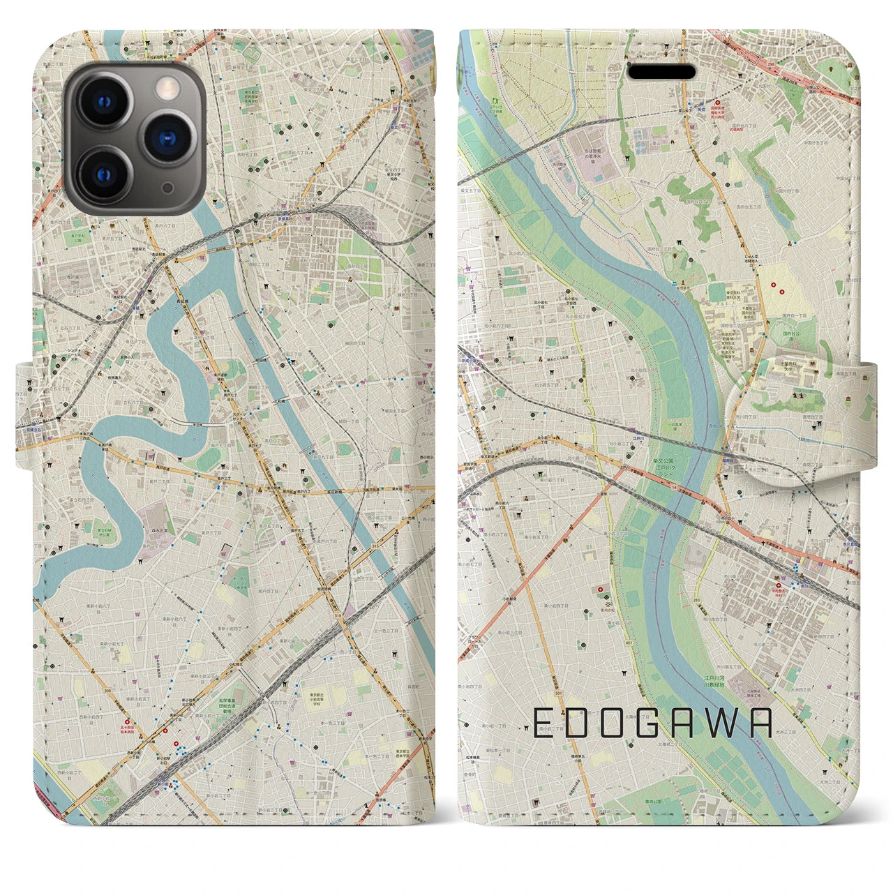 【江戸川】地図柄iPhoneケース（手帳両面タイプ・ナチュラル）iPhone 11 Pro Max 用