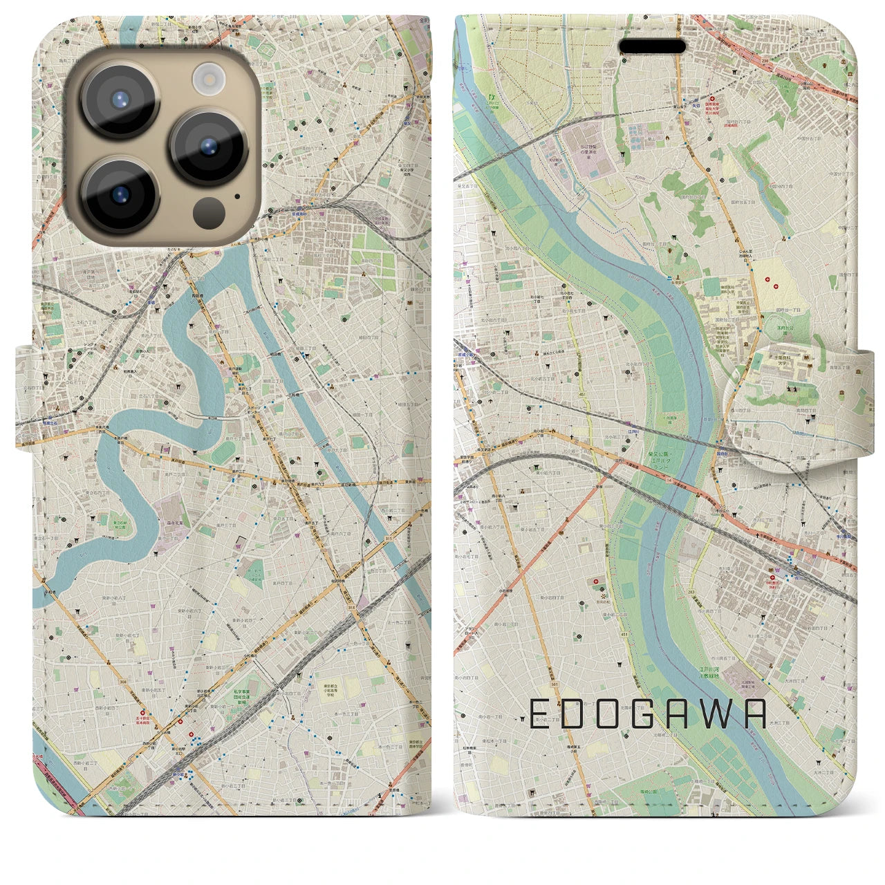 【江戸川】地図柄iPhoneケース（手帳両面タイプ・ナチュラル）iPhone 14 Pro Max 用